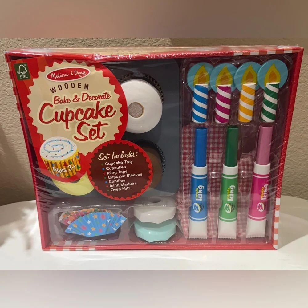 Melissa & Doug Wooden Bake & Decorate Cupcake Set - Blue, Green, Pink